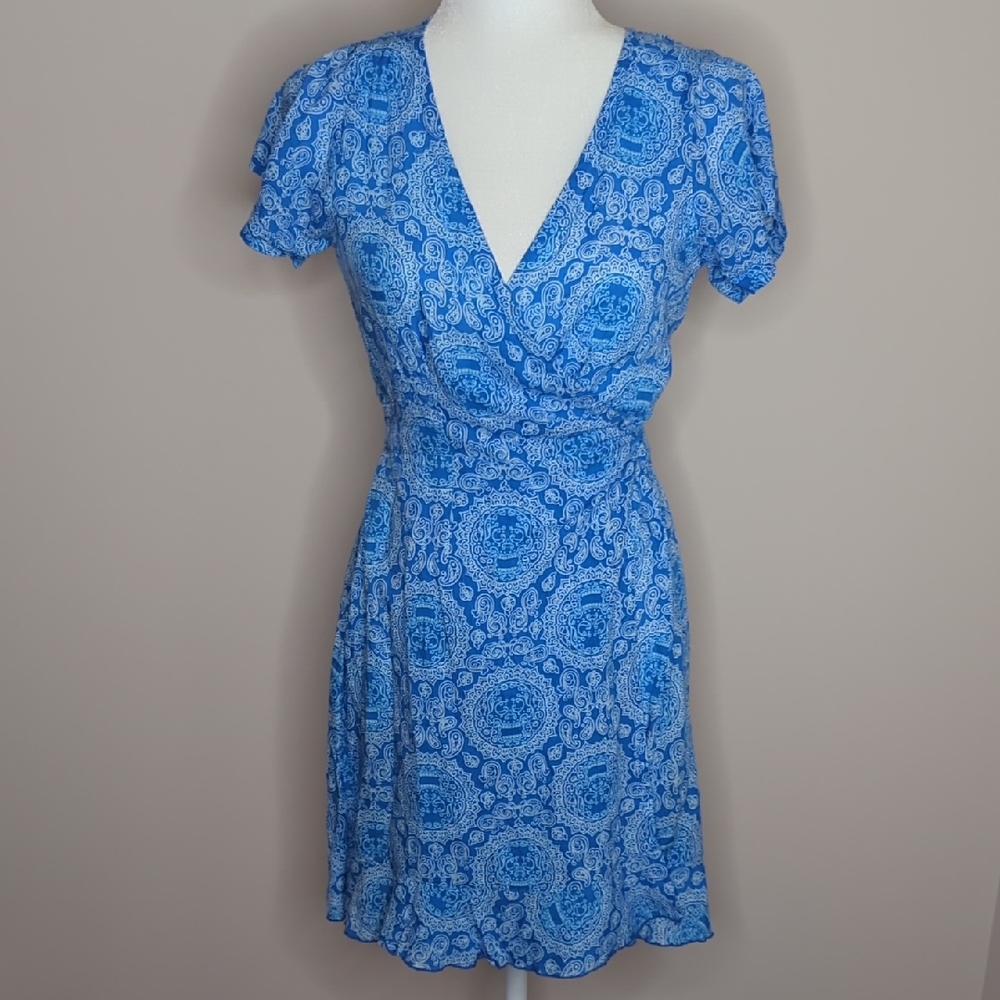 Blue Paisley/Skull Wrap Mini Dress with Short Sleeves Size Medium